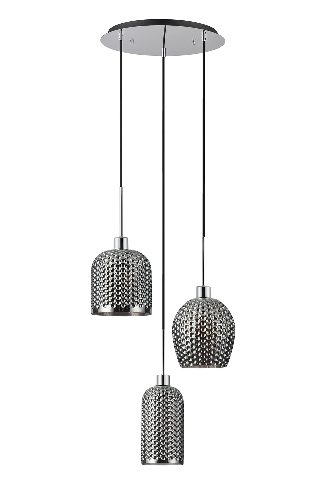 Lori 40cm Round Pendant, 3 Light Adjustable E27, Polished Chrome/Matt Grey Various Patterned & Wine Shades DK1280  Deco Lori Polished Chrome